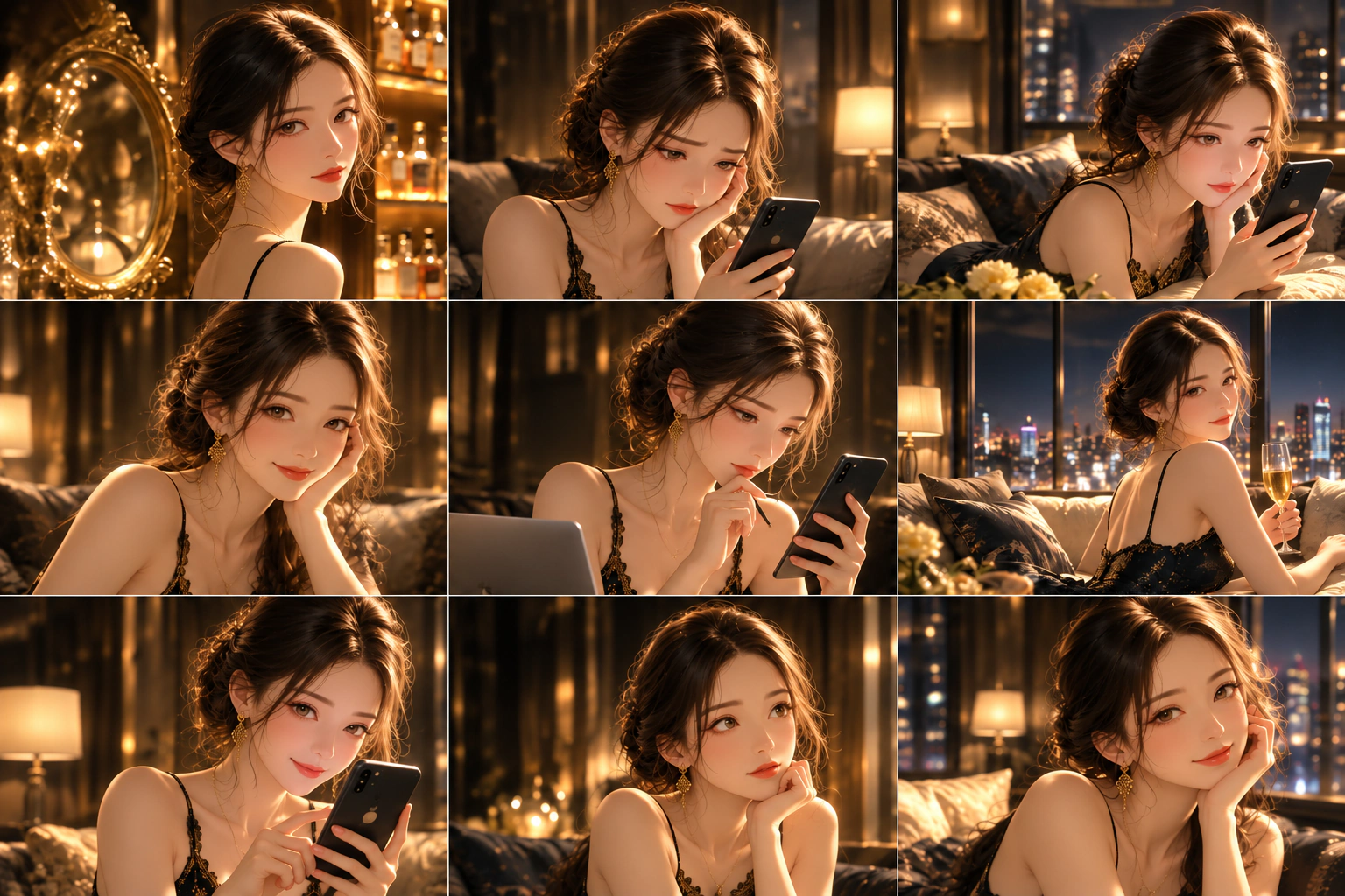 賃貸審査を気にしながらスマートフォンを見つめる成人女性のイラスト